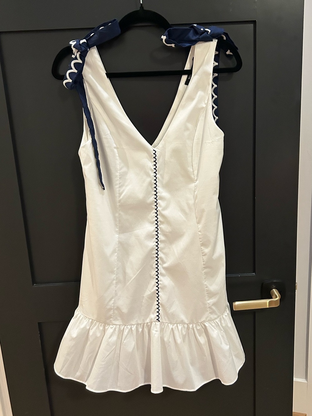 White Mini Dress with Navy Tie-Strap Details